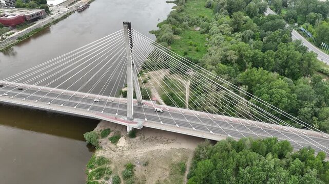 Aerial View of Siekierkowski Bridge with Traffic in Warsaw, Poland