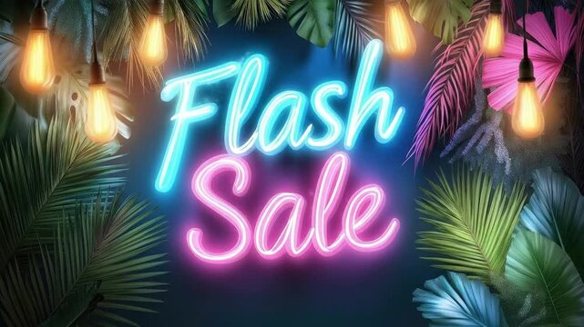 Tropical themed flash sale neon sign with palm leaves and edison bulbs