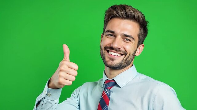 A smiling man in a shirt and tie gives a thumbs up.