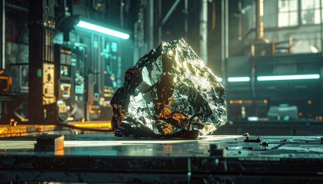 Raw Ore in Industrial Setting: A large, unrefined chunk of metallic ore sits on a workbench in a dimly lit industrial facility, illuminated by glowing screens and overhead lights.