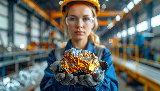 Miner's Pride: A determined female miner in protective gear holds a glowing nugget of raw ore, showcasing the bounty of the earth within a vast industrial facility.
