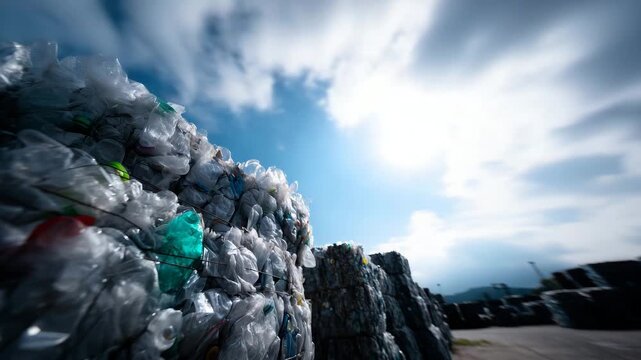 industrial documentary photo of stacked compressed bales of crushed plastic bottles prepared for recycling, grid-like wall of tightly packed rectangular blocks filling