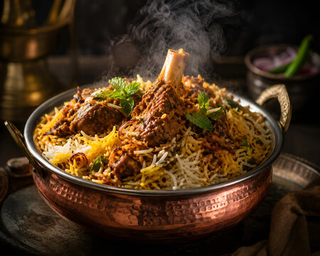 Steaming Mutton Biryani in Traditional Copper Bowl