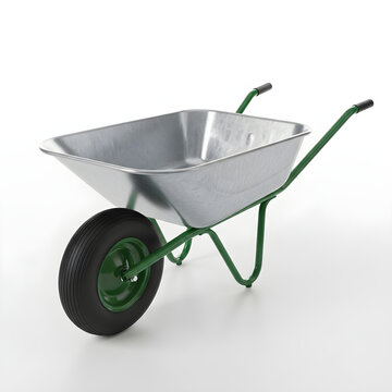 Gray wheelbarrow with black tire and green handle