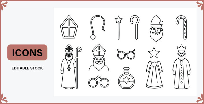 Collection of Christmas icons including bishops kings and Santa Claus line drawings and symbols