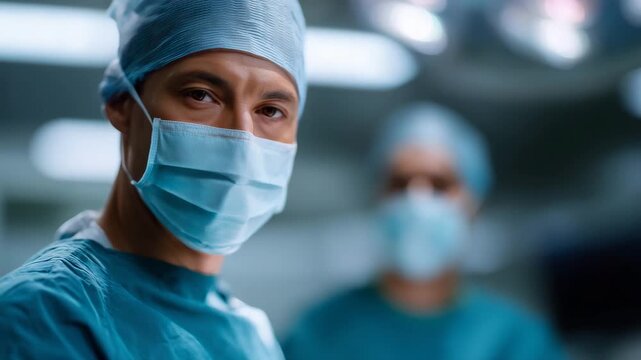 Modern hospital operating room scene illustrating the concept of abdominoplasty and cosmetic surgery, male plastic surgeon in mask and cap working with assistants, sterile blue-gren