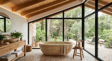 Fototapeta premium A luxurious bathroom with a stone bathtub and wooden vanity overlooks a lush forest through large windows, creating a serene and natural ambiance.