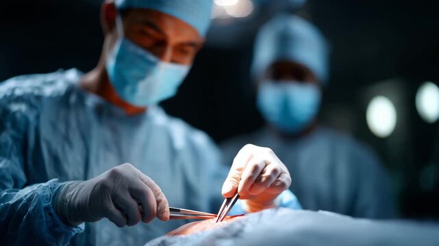 Male plastic surgeon performs abdominoplasty (tummy tuck) in a modern hospital operating room, close-up on gloved hands and surgical instruments working on the abdominal area
