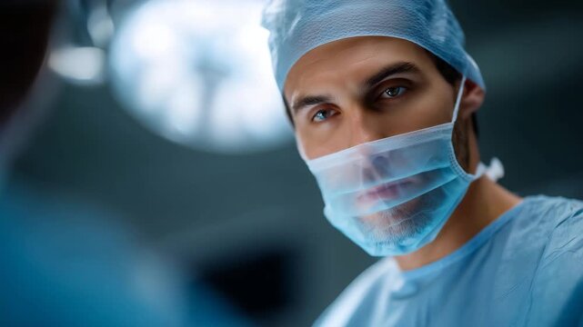 Modern hospital operating room scene illustrating the concept of abdominoplasty and cosmetic surgery, male plastic surgeon in mask and cap working with assistants, sterile blue-gren