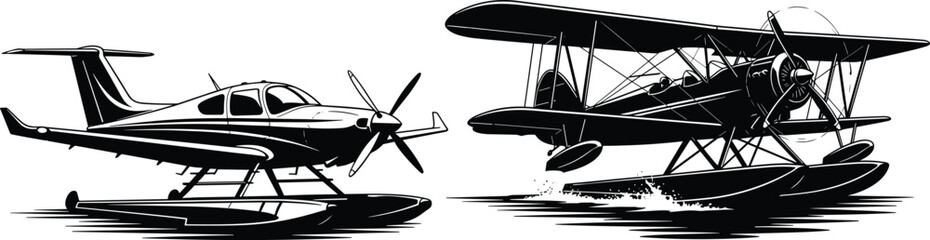 Black and White Vector Illustration of Seaplane and Vintage Biplane Floating on Water for Aviation Design © MstSamima