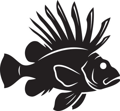 Lionfish vector illustration black silhouette of venomous marine creature tropical sea fish icon isolated on white background for aquarium logo