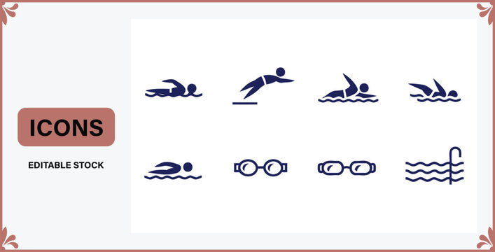 Collection of various swimming icons and symbols for design and editing purposes  Editable stock graphics
