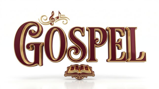 Elegant 3D rendering of the word Gospel with musical notes and an open book symbolizing faith and worship