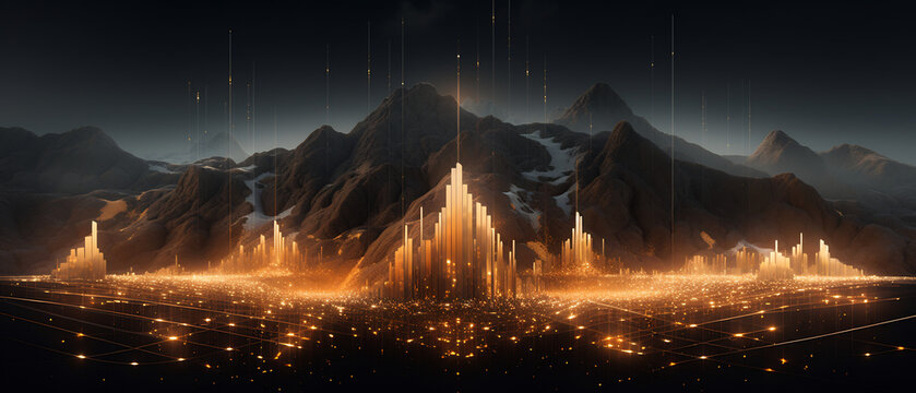 Futuristic glowing city with tall buildings nestled in majestic mountains