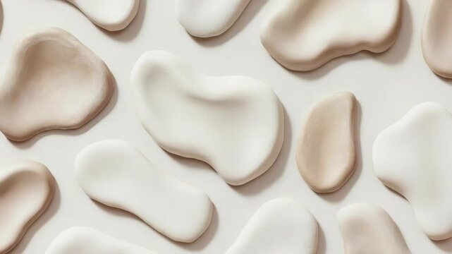 Different shapes and colors of smooth stones are spread out on a flat surface. The stones have soft curves and are displayed in various arrangements. Light highlights their forms and colors