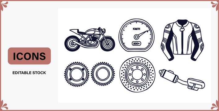 Motorcycle and motorcycle parts icons including bike speedometer gear jacket and brake rotor on white background