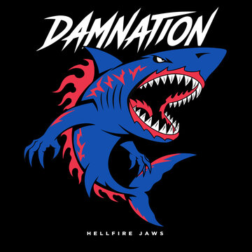 A ferocious blue shark with red flame details and menacing claws, depicting hellfire jaws on a dark background.