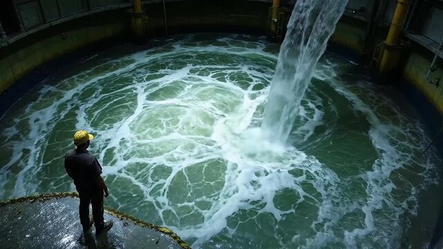 Worker observes water flowing into a large industrial pool