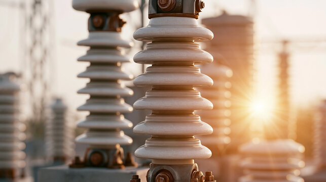 Detalhe de isoladores de cer&acirc;mica em subesta&ccedil;&atilde;o de alta tens&atilde;o sob a luz do p&ocirc;r do sol. Conceito de infraestrutura, engenharia e distribui&ccedil;&atilde;o de energia el&eacute;trica