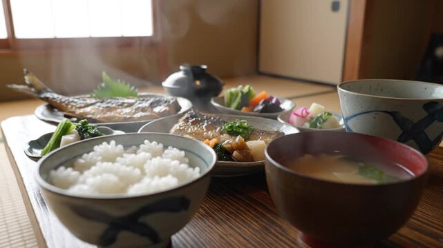 A traditional Japanese breakfast featuring grilled fish, rice, miso soup, and various side dishes served in a tatami room.