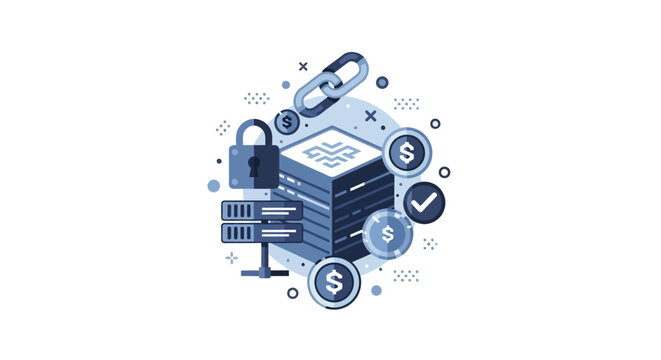 Blockchain Technology Concept with Secure Server Data Storage, Cryptocurrency Finance and Cybersecurity Flat Vector Illustration