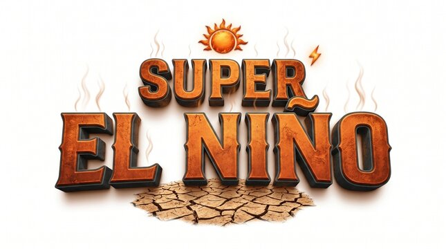 Super El Nino text effect with sun and lightning bolt on cracked dry earth and smoke