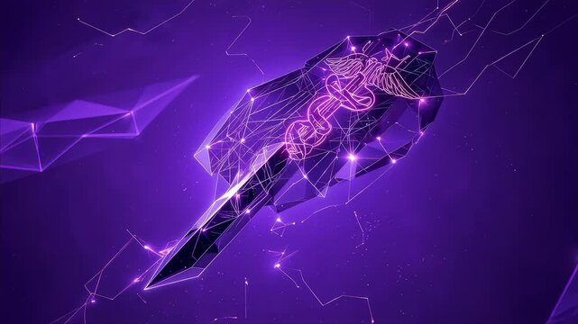 Caduceus medical symbol digital motion animation featuring glowing purple geometric wireframe mesh abstract background for modern healthcare technology video footage