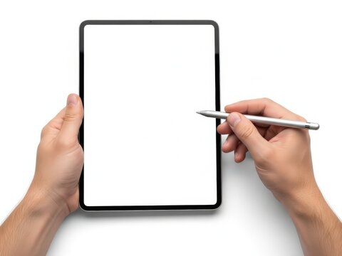 Hands holding blank tablet screen with silver stylus ready for digital note-taking white