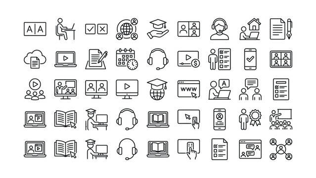 Collection of various online education and elearning related icons and symbols for website or application