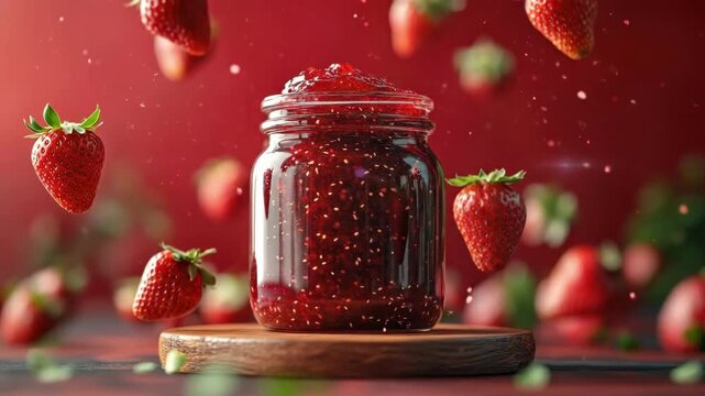 Jar of strawberry jam with floating strawberries and vibrant red background