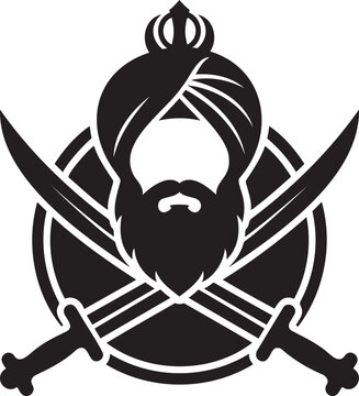 Sikh warrior mascot with crossed swords vector illustration khanda symbol turban beard silhouette shield emblem stencil isolated graphic icon for commercial stock