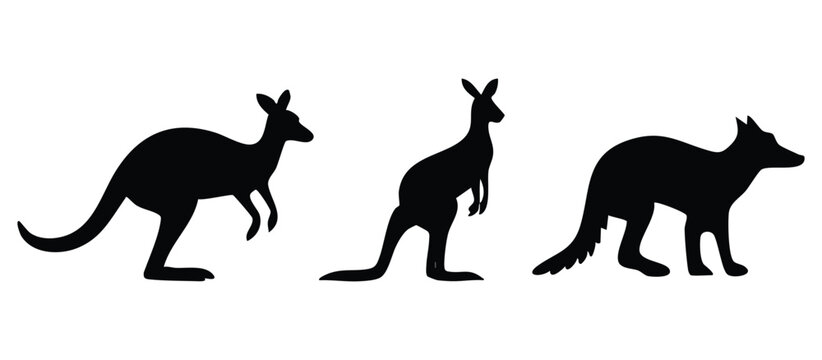 Australian kangaroo and dingo silhouettes set on white background.