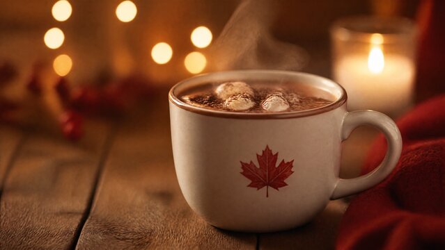 string. Ceramic mug with hot chocolate and maple leaf design on wooden table. representing seasonal cycles and harvest abundance, bar promotions, designed for product packaging and bar promotions.