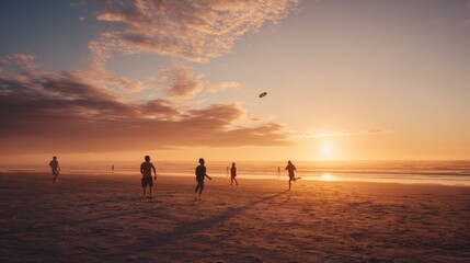 Fototapeta premium Beach sunset people playing frisbee