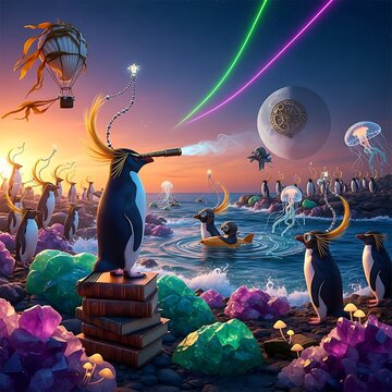 Fantasy penguins on a magical shore with crystals and books