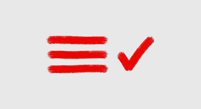 red hamburger menu icon and checkmark brush strokes on a grey background illustrating digital options and task completion in ui design.