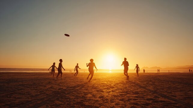 Beach sunset people playing frisbee