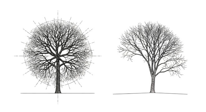 detailed sketch of bare tree branches with geometric lines vector illustration
