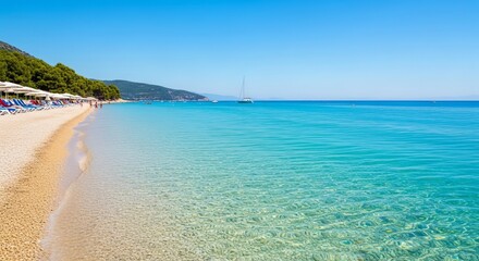 Fototapeta premium Crystal clear turquoise sea waters gently lap onto a sun-drenched sandy beach with a distant sailboat under a bright blue sky.