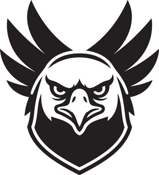 Eagle head mascot logo vector illustration aggressive hawk face emblem with wings black and white stencil silhouette predator bird graphic sticker design symbol