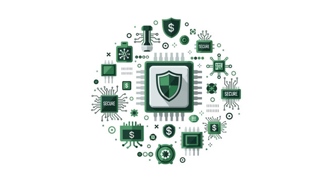 Cybersecurity and Fintech Hardware Protection Concept - Secure Microchip and Digital Finance Icons in a Circular Flat Vector Design