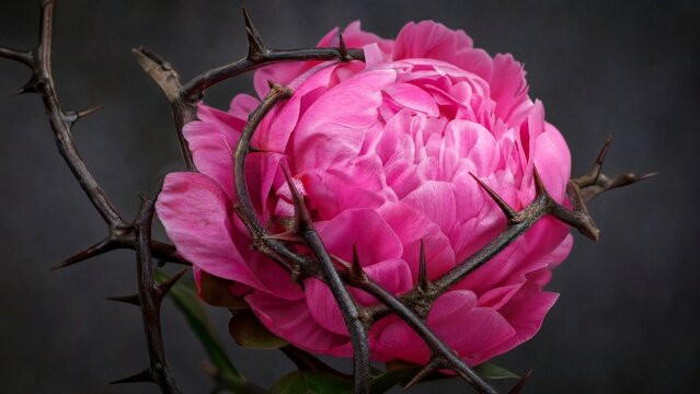 constriction. A pink peony blossom tightly bound by a tangle of sharp, dark thorns. gardening catalogs, home-decor guides, designed for gardening and botanical catalogs, used by account managers.