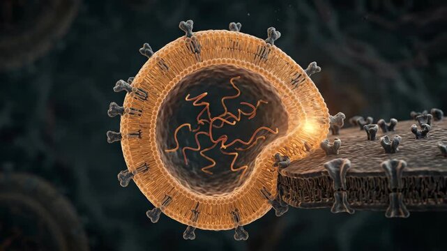 Exosome Vesicle Membrane Fusion With Cell Surface &mdash; RNA Cargo Delivery &mdash; Lipid Bilayer Cross-Section Macro Visualization