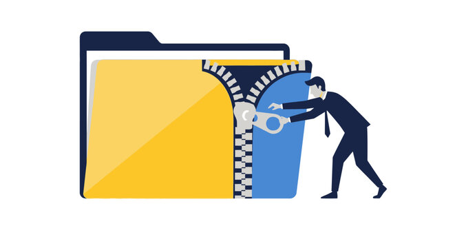 Businessman Zipping or Unzipping Large Digital File Folder. Vector Illustration Representing Data Compression, File Extraction, and Efficient Document Management.