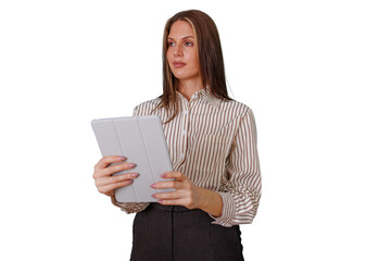 Fototapeta premium Professional woman holding a tablet, looking away while managing business tasks and using digital communication on transparent background