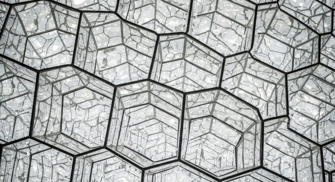 Interlocking crystalline glass modules forming a complex hexagonal geometric pattern with reflective light