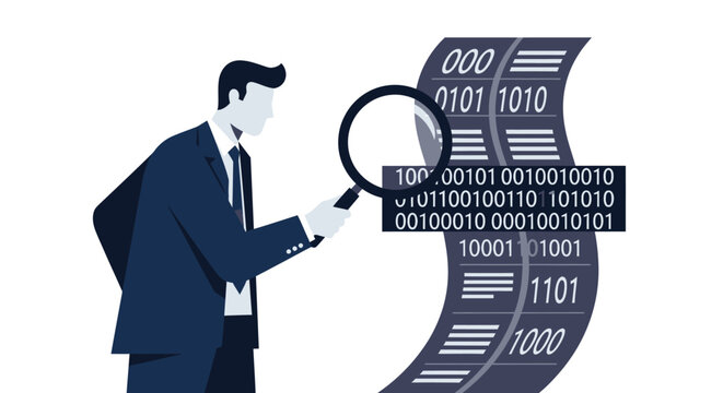Businessman Analyzing Binary Code with Magnifying Glass for Data Audit and Cybersecurity Concept