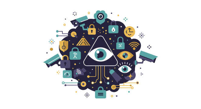 Digital Surveillance and Cyber Security Concept Flat Illustration with All-Seeing Eye, CCTV Cameras, and Data Privacy Icons
