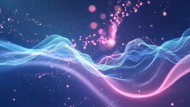 Abstract background with glowing blue and pink waves and sparkles.