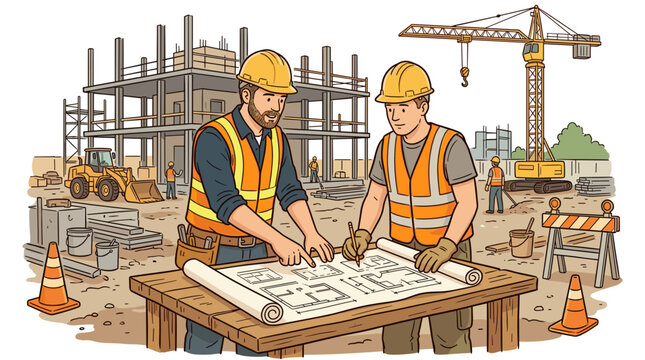 vector two construction workers reviewing building blueprints at job site